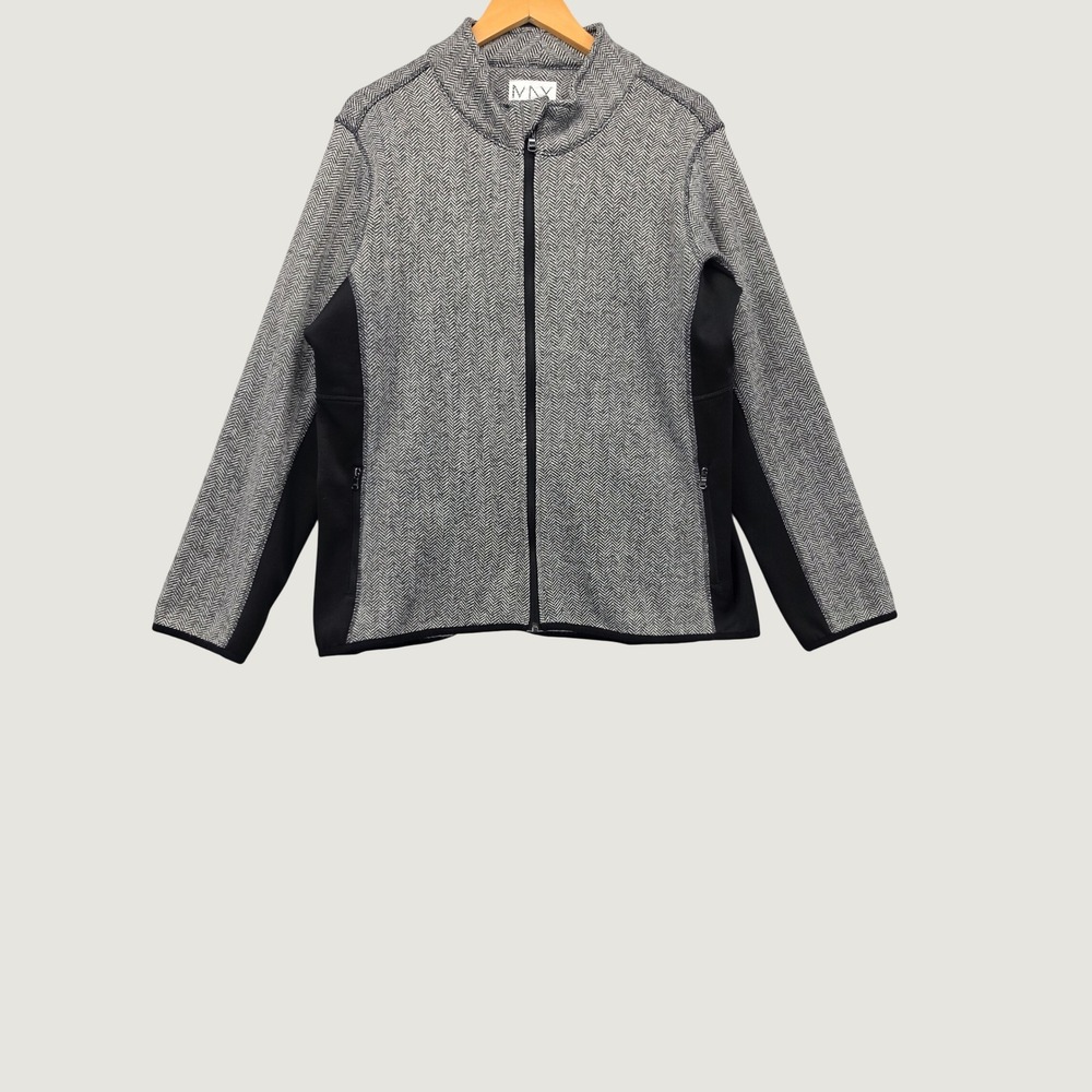 Marc New York Andrew Marc Herringbone Zip Fleece Jacket Grey Black Womens XXL